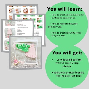 May include: Crochet doll outfit pattern with 60 step-by-step photos. Learn how to make a removable doll outfit, hair wig, and bunny lovey. Includes a printer-friendly file.