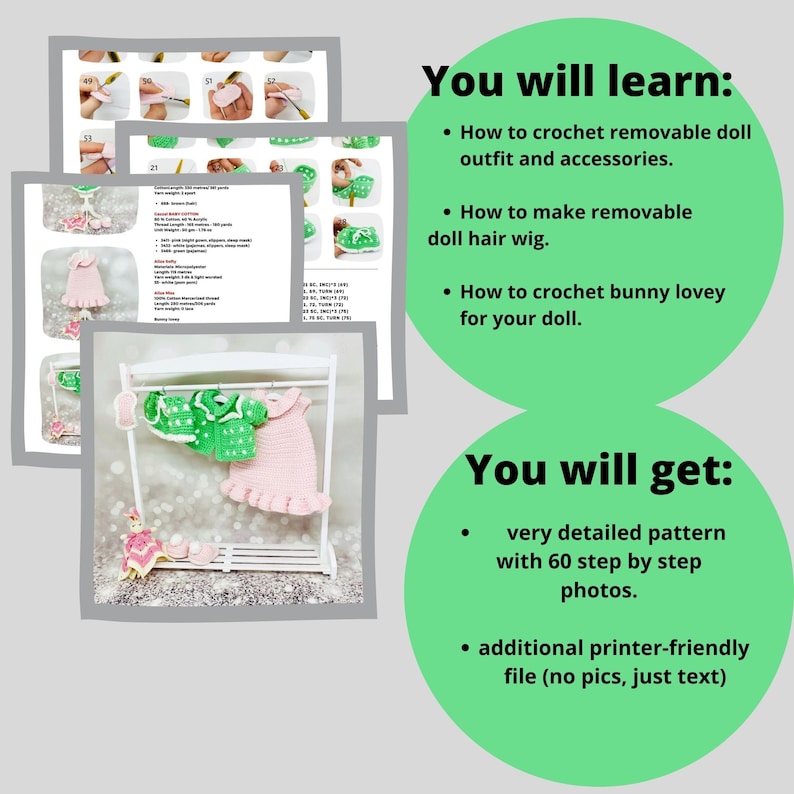 May include: Crochet doll outfit pattern with 60 step-by-step photos. Learn how to make a removable doll outfit, hair wig, and bunny lovey. Includes a printer-friendly file.