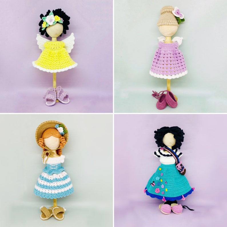 May include: Four crocheted dolls with different outfits and hairstyles. Each doll is wearing a different dress and has a different hairstyle. The dolls are all standing on a white background.