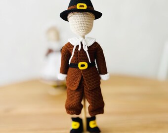 Amigurumi Pilgrim doll clothes pattern, crochet boy outfit, set of clothes for 10 inch doll, crochet toy hat, boots, hair wig tutorial