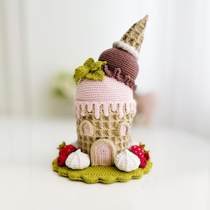 Virkmönster till glassälvhus, Amigurumi-leksaksstuga pdf-handledning, virkad dockminiatyr, gnomträdgårdshus, amigurumi-godis