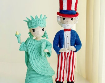Patriotic dolls crochet pattern, Amigurumi Liberty Statue, Uncle Sam doll, 4th of July amigurumi tutorial pdf, toy body with clothes