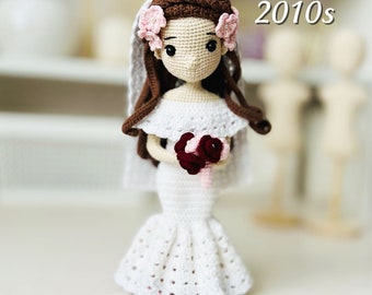 Patrón de muñeca de novia a crochet, cuerpo de muñeca de 9 pulgadas con ropa removible, tutorial de ropa de boda amigurumi, vestido, velo, ramo de juguete, peluca