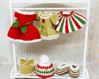Amigurumi Doll Christmas Outfit, Crochet toy clothes PDF Pattern, crochet dress, hat, boots and wig for 10" tall doll, amigurumi doll outfit