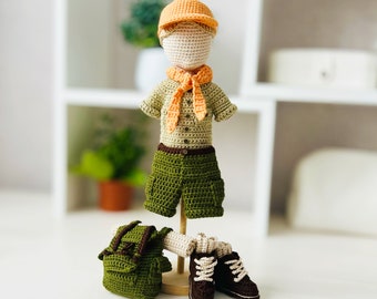 Amigurumi Boy Scout clothes pattern, crochet toy outfit, clothes for 10 inch doll, crochet doll hair wig, backpack, boots, cap, scout outfit