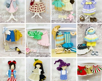 Amigurumi clothes pattern, crochet toy outfit, removable clothes for 10" doll, crochet doll dress, coat, hat, boots, shoes and accessories