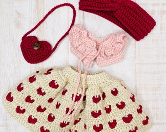 Amigurumi doll clothes, Valentine doll outfit pattern, crochet doll clothes pattern