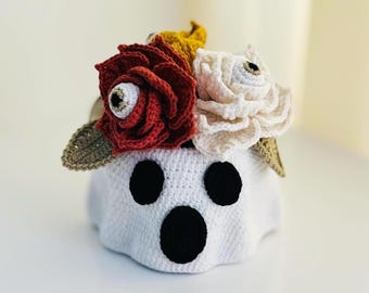 Patrón de ganchillo de maceta fantasma con flores, amigurumi de Halloween, decoración espeluznante para el hogar, tutorial de ganchillo de adorno floral fantasmal, rosa con ojos en el interior.