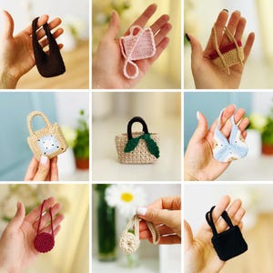 May include: A selection of miniature crochet handbags in different colours and designs. The bags include a dark brown tote, a pink rectangular bag with a strap, and a beige bag with a blue and white square design. Other bags are beige, black, and red.