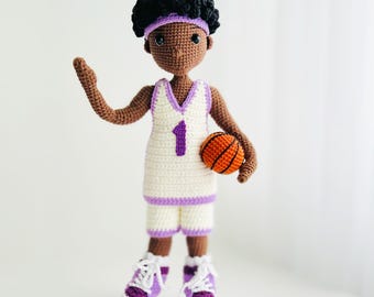 Amigurumi Basketball Player tutorial, 10 inch doll body Crochet Pattern, removable basketball doll clothes, toy sport outfit, hair wig PDF
