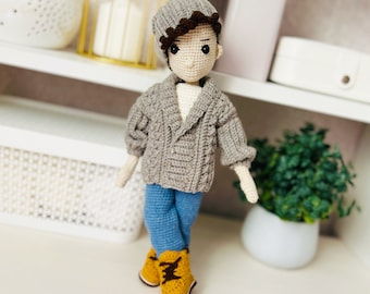 Crochet Doll Pattern, Amigurumi  with removable Clothes, jeans and cardigan doll outfit PDF tutorial, toy boy body with wig and hat