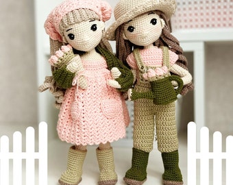 Crochet doll pattern, amigurumi doll pattern, crochet watering can, crochet flowers, crochet doll boots, crochet doll overall