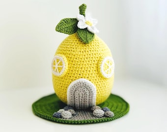 Schema per la casetta delle fate al limone all'uncinetto, tutorial PDF per casetta giocattolo amigurumi, bambola in miniatura all'uncinetto, casetta da giardino per gnomi