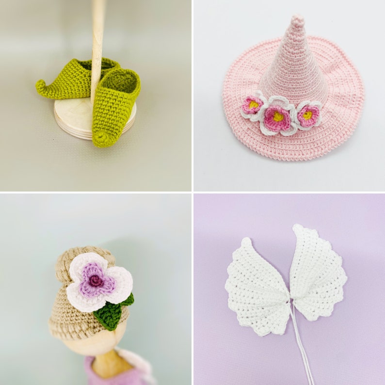 May include: A set of crocheted items including a pink witch hat with white flowers, a pair of green elf shoes, a white crocheted angel wing set, and a pink and white crocheted flower hat.