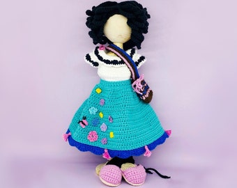 Amigurumi doll clothes pattern, crochet doll outfit, Amigurumi doll clothes, Spanish doll crochet outfit pattern, doll skirt crochet pattern