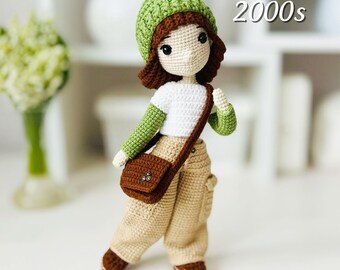 Amigurumi Doll tutorial, 9" doll body Crochet Pattern, removable toy clothes, crochet toy outfit, pants, shirt, boots, hair wig, bag, hat