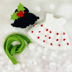 Amigurumi doll clothes pattern, elf clothes crochet pattern, crochet doll outfit, Amigurumi doll clothes, doll hair wig, crochet doll scarf