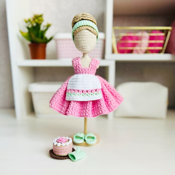 Modèle de vêtements de poupée Amigurumi, modèle de gâteau au crochet, vêtements de poupée au crochet, modèle de robe de poupée au crochet, modèle de cheveux de poupée, bandeau de poupée