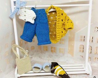 10 inch Doll Clothes Crochet Pattern, Amigurumi toy outfit tutorial, crochet dachshund dog, crochet doll cardigan, jeans, bag, top, hair wig