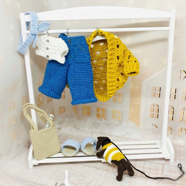 Amigurumi doll clothes pattern,  crochet doll outfit, Amigurumi doll clothes, crochet doll jeans, crochet doll cardigan, amigurumi dog