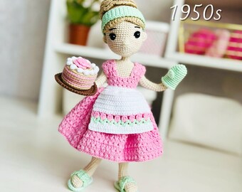 Crochet doll pattern, amigurumi toy with clothes, retro doll in 1950s outfit, crochet dress, hair wig and accessories
