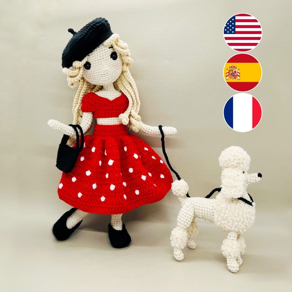 Crochet doll pattern, amigurumi doll pattern, crochet poodle pattern, amigurumi French poodle, French girl doll clothes, doll accessories