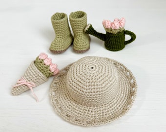 Amigurumi doll clothes pattern, crochet gardener tools