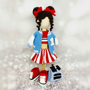 Amigurumi doll clothes pattern, crochet cheerleader doll outfit, Amigurumi doll clothes, crochet doll backpack