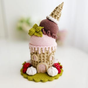 Virkmönster till glassälvhus, Amigurumi-leksaksstuga pdf-handledning, virkad dockminiatyr, gnomträdgårdshus, amigurumi-godis