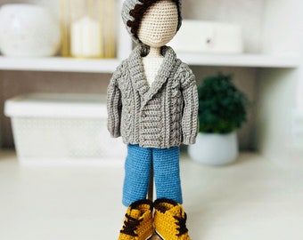 Amigurumi doll clothes pattern, crochet boy outfit, set of clothes for 10" doll, crochet toy hat, cardigan, jeans, boots, hair wig tutorial