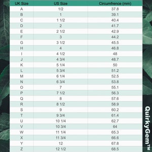Puede incluir: Un gr&aacute;fico que muestra las tallas de anillo del Reino Unido y de los Estados Unidos con las medidas de circunferencia correspondientes en mil&iacute;metros. El gr&aacute;fico est&aacute; sobre un fondo verde con texto blanco.