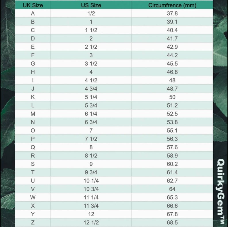 Puede incluir: Un gr&aacute;fico que muestra las tallas de anillo del Reino Unido y de los Estados Unidos con las medidas de circunferencia correspondientes en mil&iacute;metros. El gr&aacute;fico est&aacute; sobre un fondo verde con texto blanco.