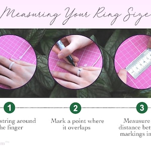 Puede incluir: Una gu&iacute;a de tres pasos sobre c&oacute;mo medir el tama&ntilde;o de tu anillo usando una cuerda y una regla. Los pasos son: 1. Envuelve la cuerda alrededor del dedo, 2. Marca un punto donde se superponga, 3. Mide la distancia entre las marcas en mil&iacute;metros.