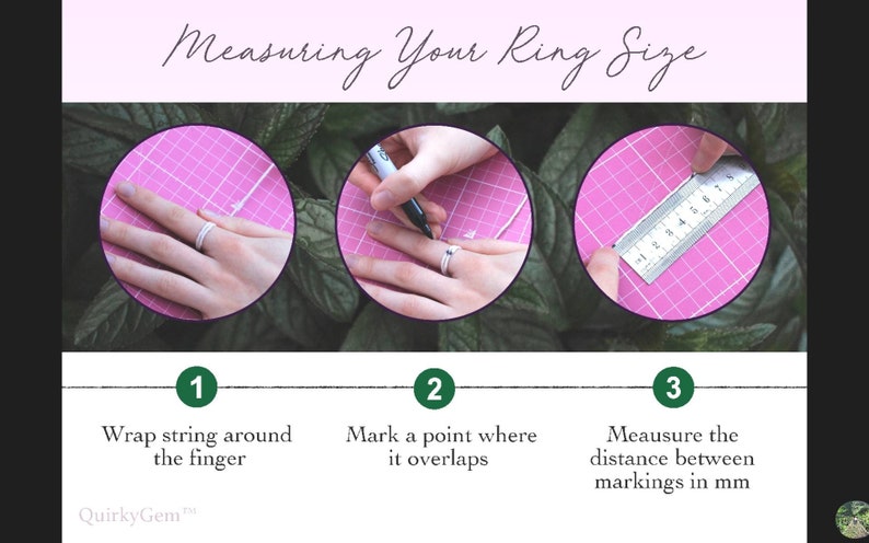 Puede incluir: Una gu&iacute;a de tres pasos sobre c&oacute;mo medir el tama&ntilde;o de tu anillo usando una cuerda y una regla. Los pasos son: 1. Envuelve la cuerda alrededor del dedo, 2. Marca un punto donde se superponga, 3. Mide la distancia entre las marcas en mil&iacute;metros.