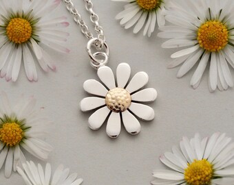 Sterling silver & 18ct gold daisy necklace pendant - unique handmade flower jewellery for women - 15mm, 17mm, 2cm diameter