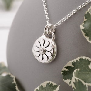 Dainty sterling silver daisy pebble pendant necklace - chunky silver nugget - unique handmade flower jewellery for women