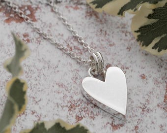 May include: A silver heart pendant necklace. The heart-shaped pendant is smooth and polished, hanging from a delicate chain. The necklace is displayed against a textured, neutral background with green and white leaves.