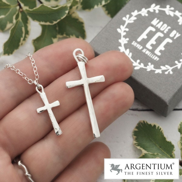 Hammered argentium sterling silver cross necklace pendant - unique handmade confirmation gift -