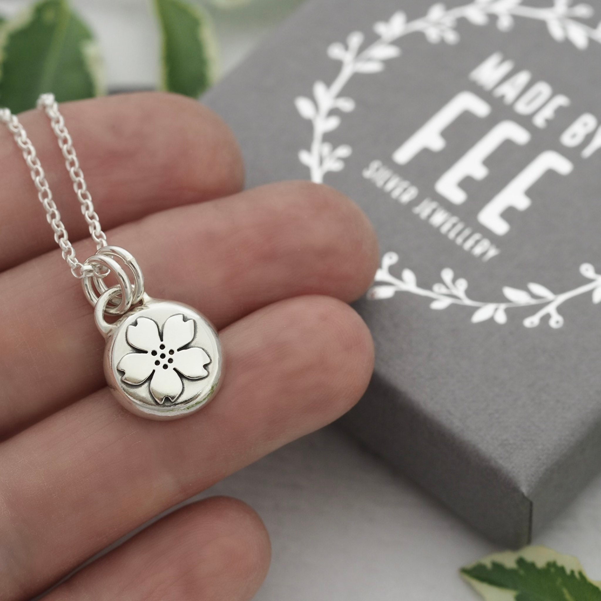 Dainty Sterling Silver Cherry Blossom Pebble Pendant Necklace