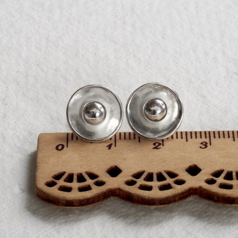 unique organic minimalist handmade gift for women Sterling silver concave disc and pebble earrings