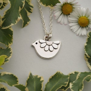 Sterling silver daisy bird pendant necklace - unique handmade flower jewellery for women