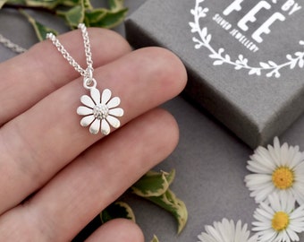 Dainty 12mm argentium sterling silver daisy necklace - handmade flower pendant jewellery gift for women