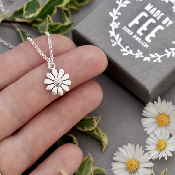 Dainty 12mm argentium sterling silver daisy necklace - handmade flower pendant jewellery gift for women