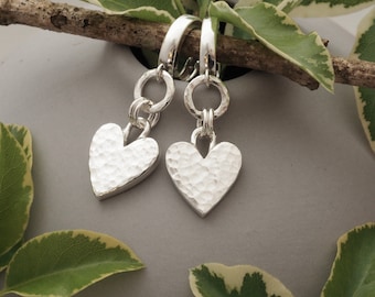 Sterling silver hammered heart circle leverback hoop earrings - unique handmade jewellery for women - huggie earrings