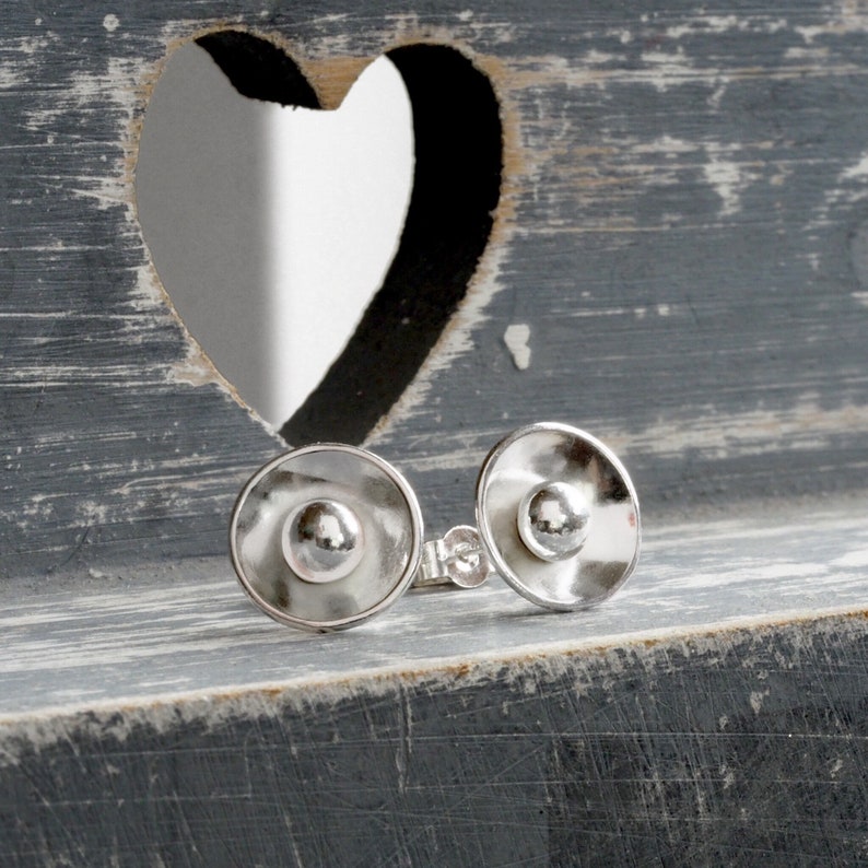 unique organic minimalist handmade gift for women Sterling silver concave disc and pebble earrings