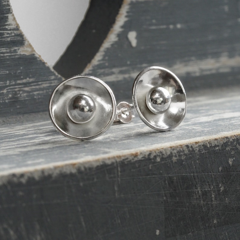 unique organic minimalist handmade gift for women Sterling silver concave disc and pebble earrings