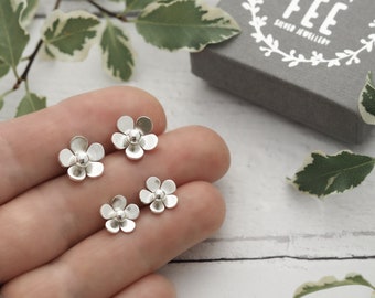 Sterling silver flower stud earrings - unique handmade floral jewellery gift for women