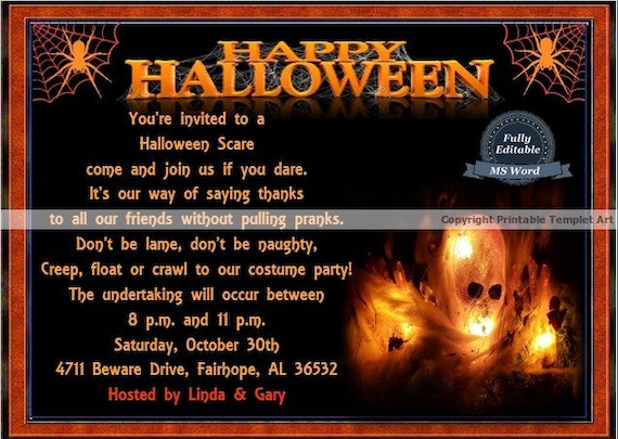 Halloween Party Invitation Ms Word Template Editable Etsy