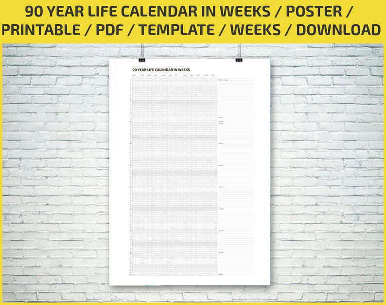 90 year life calendar in weeks poster printable digital etsy