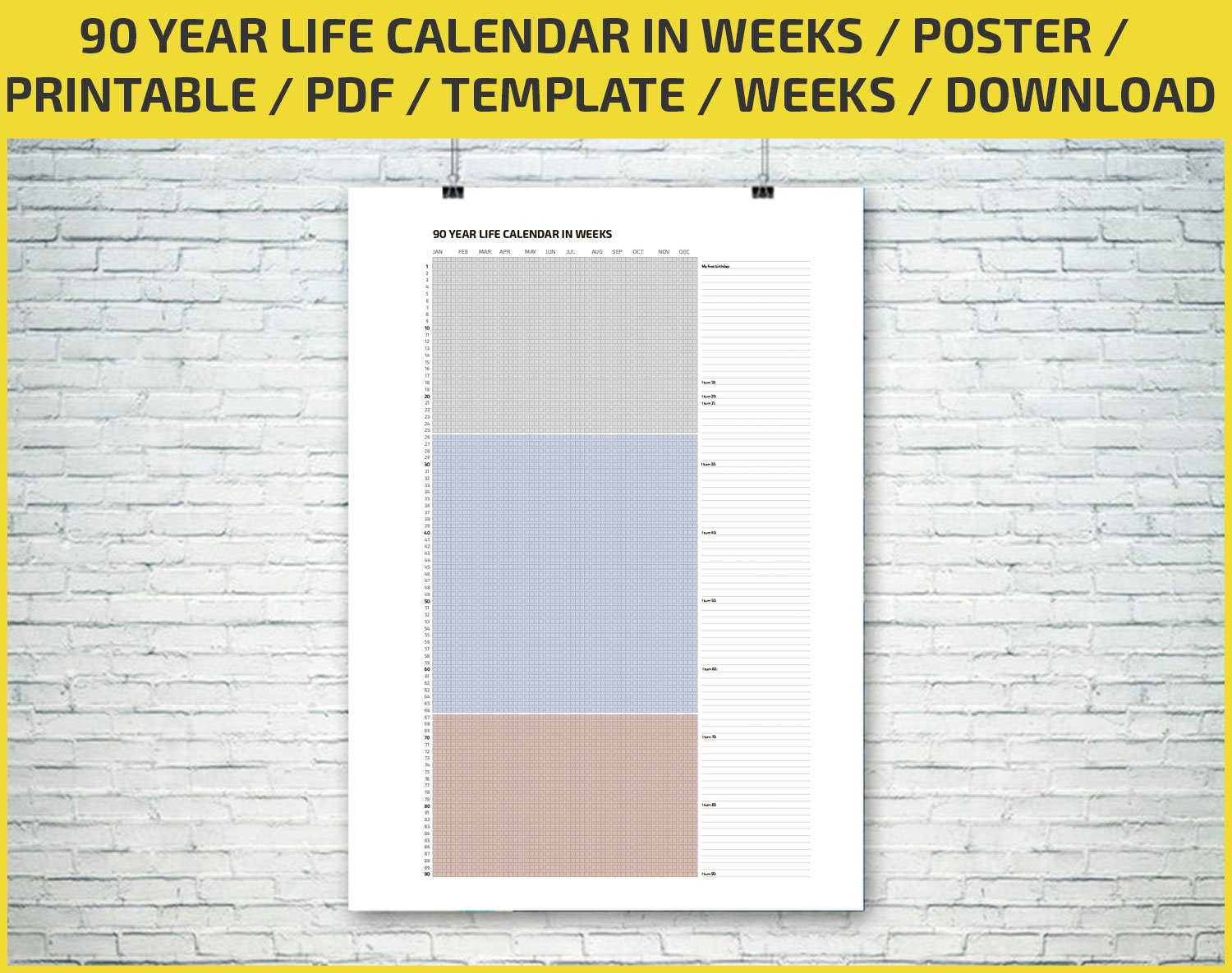 90 year life calendar in weeks poster printable digital etsy